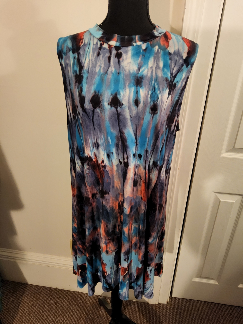 Honeyme Blue Tie-Dye A-Line Dress with Navy & Rust Highlights